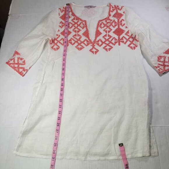 Calypso St Barth White Linen Tunic With Coral Embroidery Size XS - Picture 5 of 9